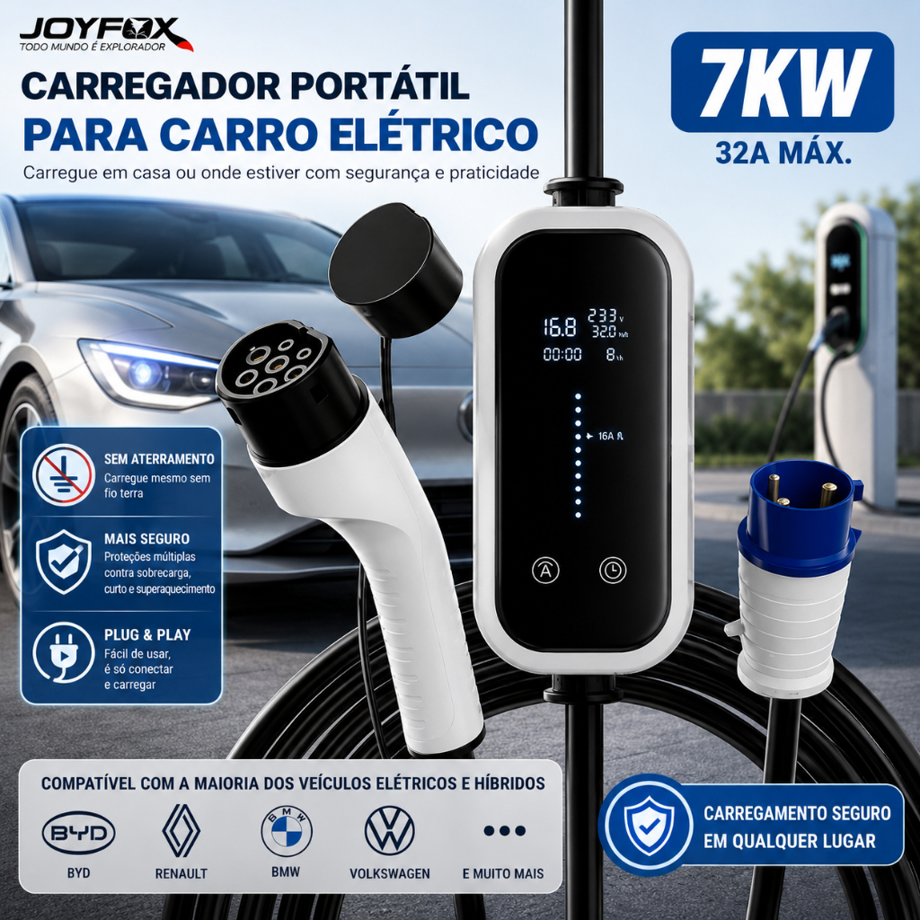 Carregador Para Carro Elétrico Portátil JOYFOX 7KW 32A Tipo 2 110V/220V Sem Aterramento com Display BYD