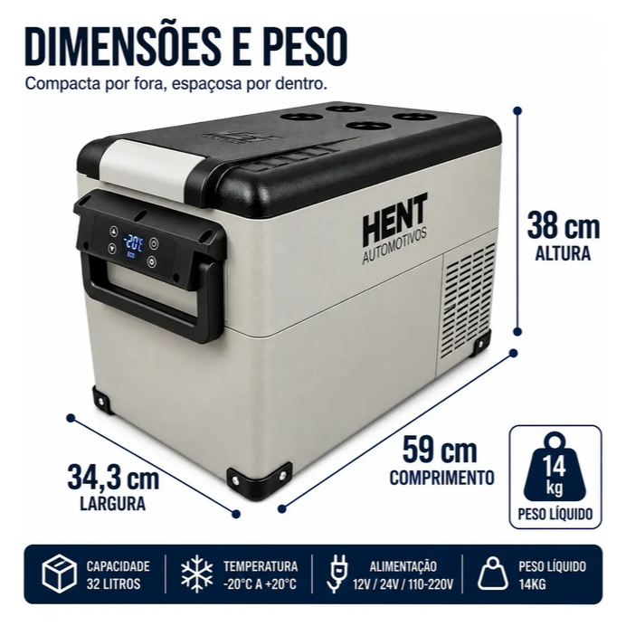 Geladeira Portátil HENT 32l 12v/24v 110v/220v Caminhão Carro Vans Casas Camping