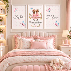 Quadro decorativo 3 peças Irmãs personalizado com nome decoraçao quartinho infantil