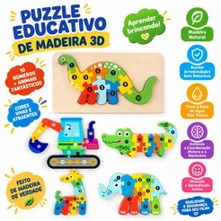 Quebra-Cabeça de Dino 3D em Madeira - Brinquedo Educativo Montessori para Bebês e Crianças Pequenas