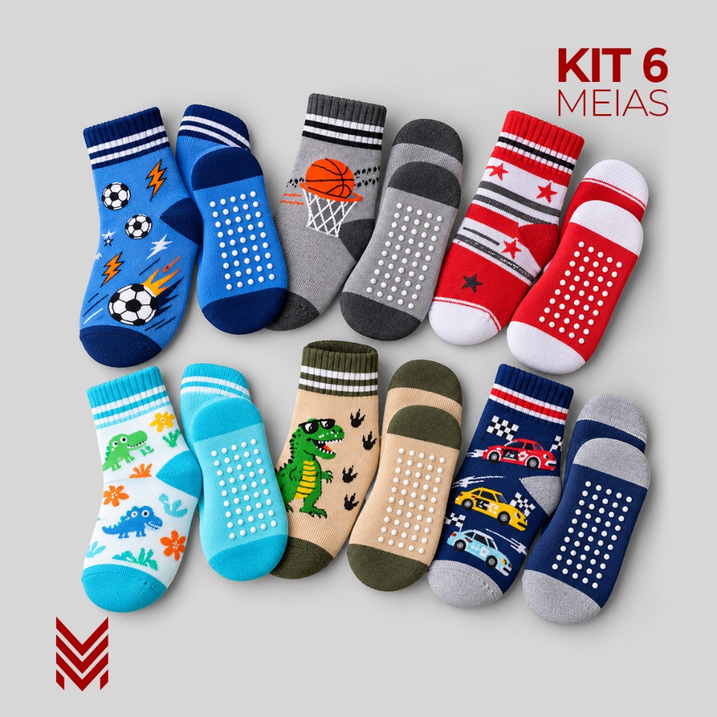 Kit 6 Pares Meias Infantil Masculina Menino Antiderrapante Estampadas Sortidas Confortáveis