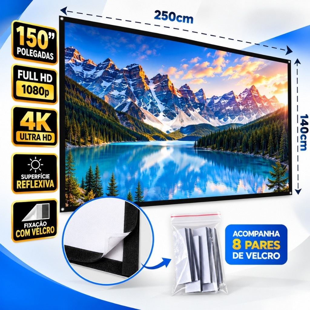 Tela Painel Projetor Velcro 150 Polegadas Cinza Reflexiva para Ambientes Internos e Externos
