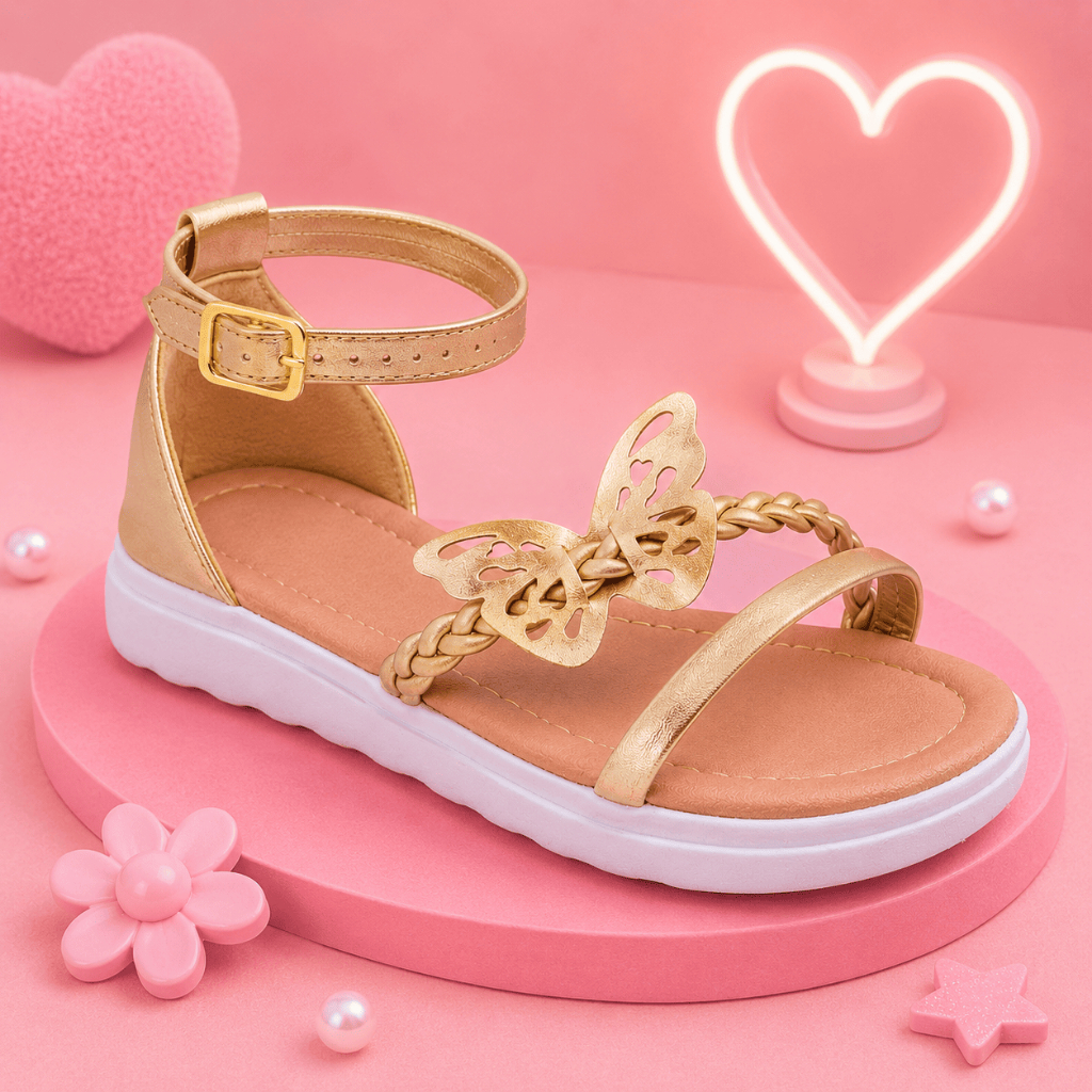 Sandália Infantil Menina Rasteira 28 ao 36 Preta Dourado Trançada Borboleta Percata Casual Confortável