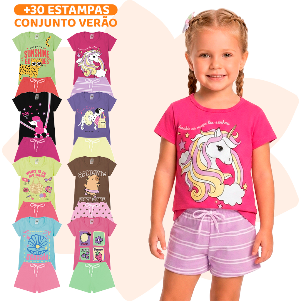 Kit Sortido 10 Peças de Roupas Infantil Menina - 5 Camisetas + 5 Bermudas - 5 Conjuntos de Roupa Infantil Verão Feminino