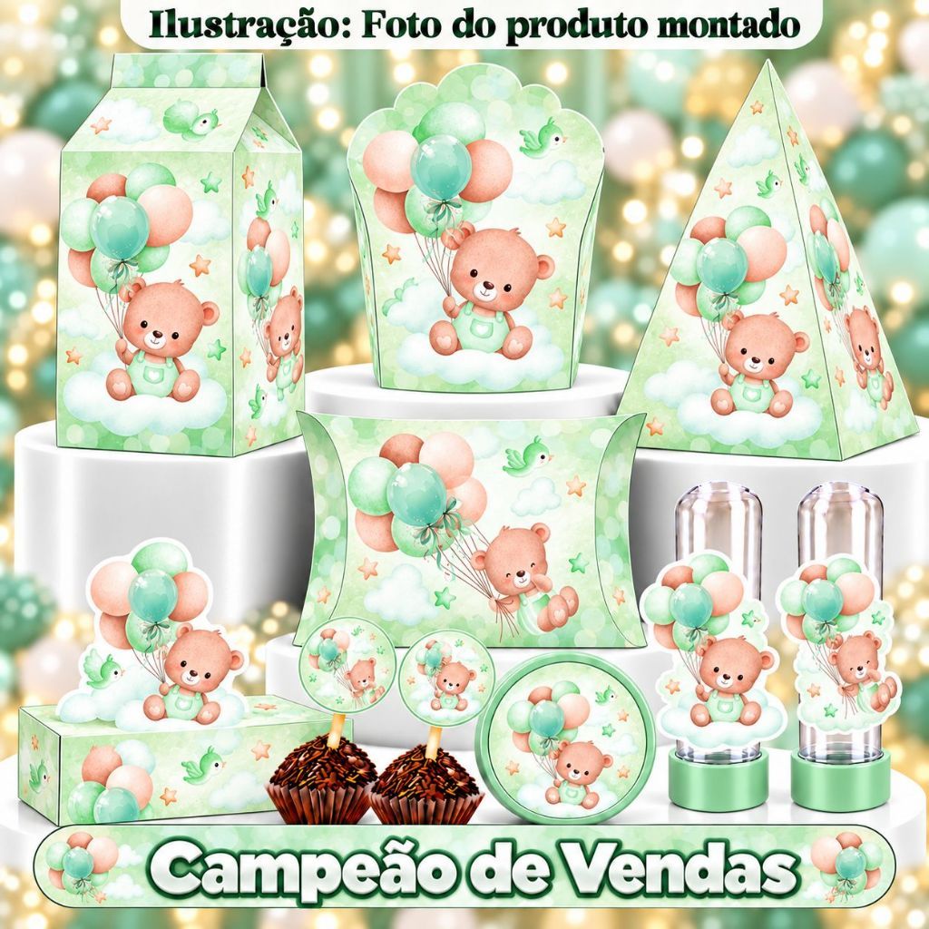 Kit Festa 180/90 Itens Personalizados Lembrancinhas Chá de Bebê Ursinho Verde