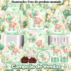 Kit Festa 180/90 Itens Personalizados Lembrancinhas Chá de Bebê Ursinho Verde