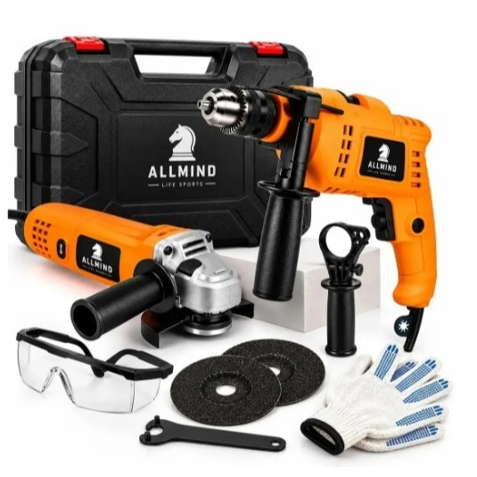 Kit Lixadeira Esmerilhadeira Angular Furadeira de Impacto 10mm e Maleta de Transporte Com Acessórios