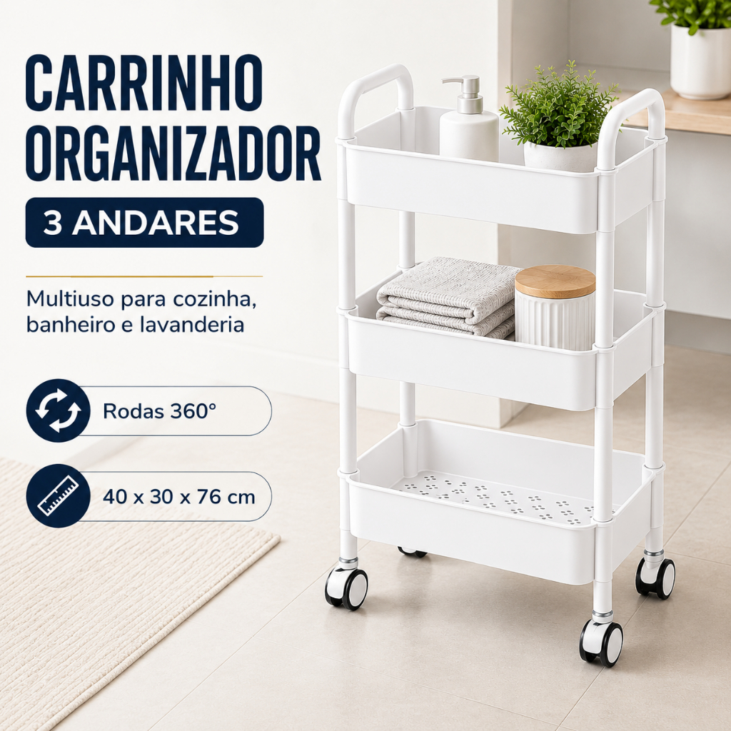 Carrinho Organizador 3 Andares com Rodas 360° | Multiuso PP Reforçado 40x30x76cm Preto ou Branco