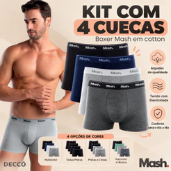 Kit Com 4 Cuecas Mash Modelo Boxer Box Em Algodao Cotton Masculino Adulto Basica