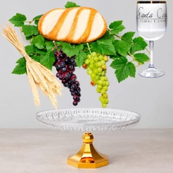 Kit Arranjo Santa Ceia Bandeja Pedestal 2 Uvas 24cm Pão Médio Taça e Trigo