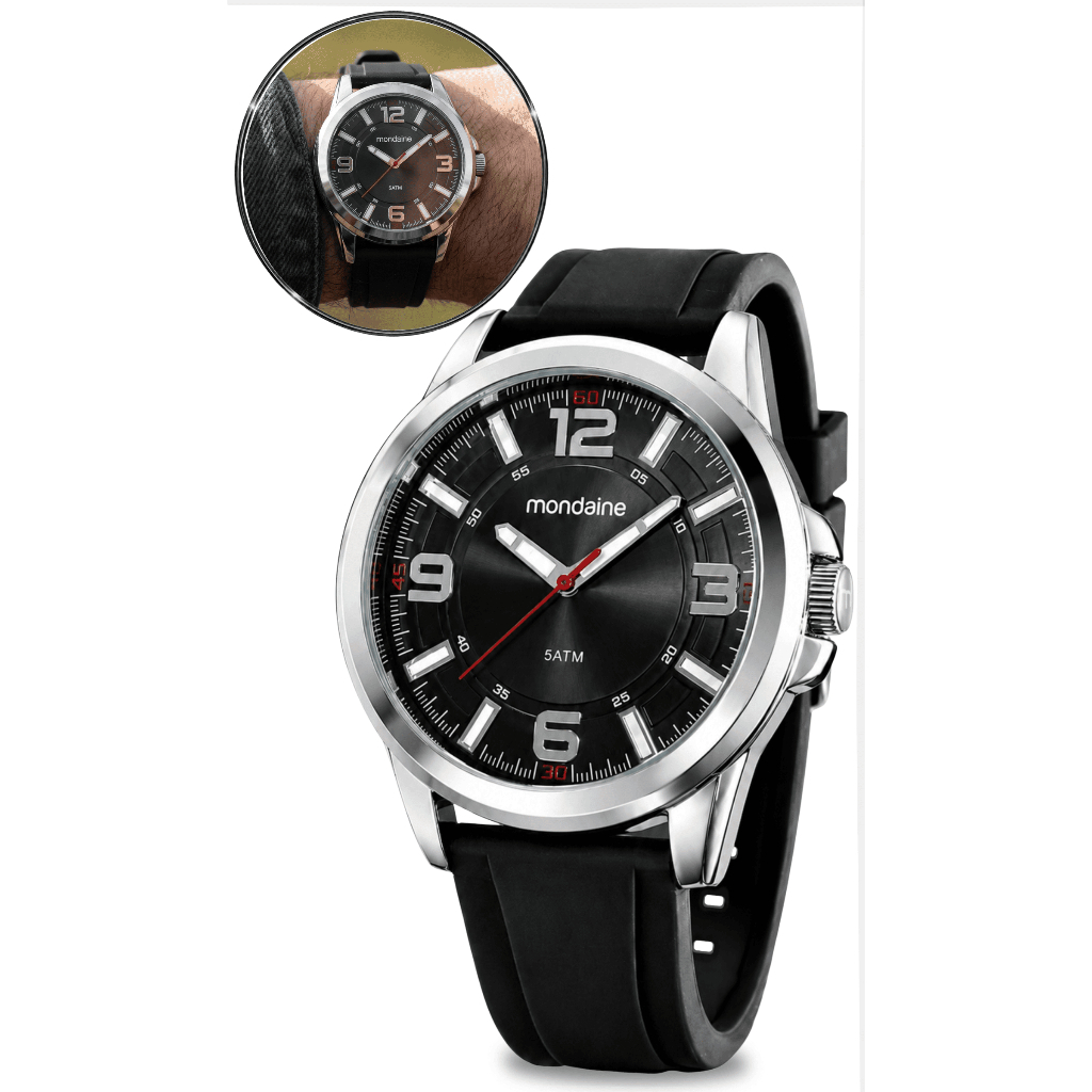 Relógio Mondaine Masculino De Pulso Analógico Casual Esportivo Pulseira De Silicone Preta A Prova Dágua 50M Original