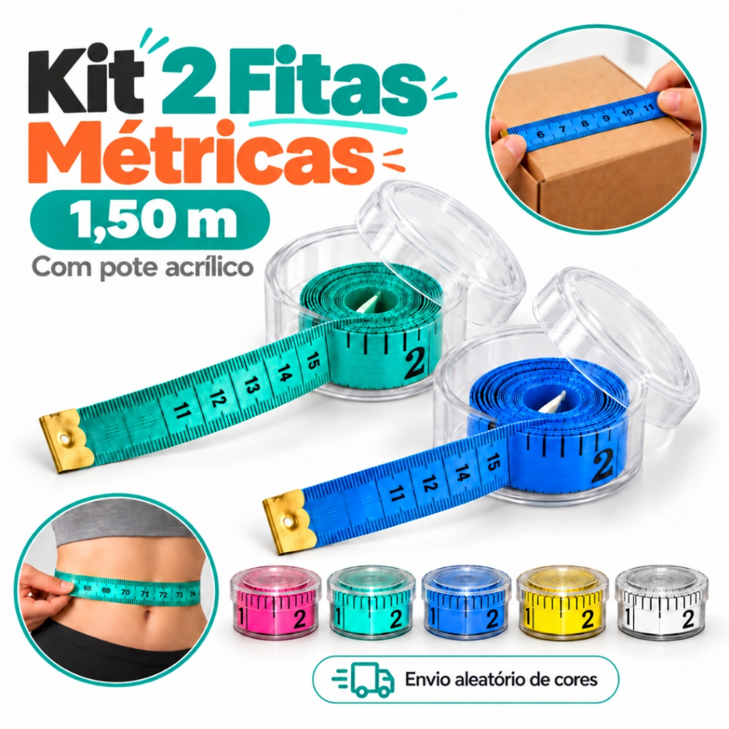 Kit 2 Fita Métrica Corporal 1,50m Flexível Costura Alfaiate Artesanato Medida Corporal Com Pote Organizador