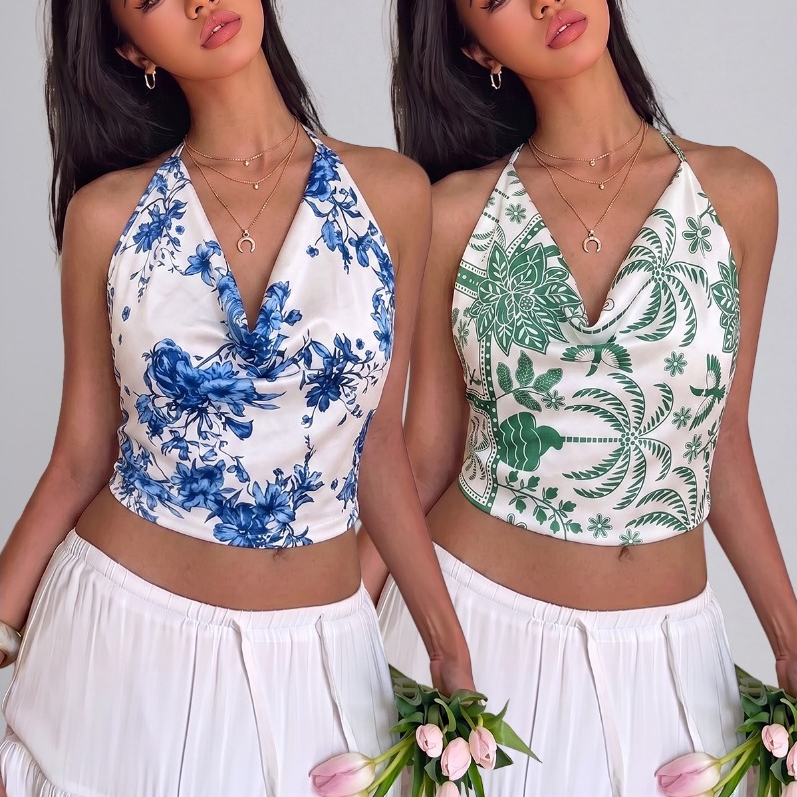 Kit 2 Cropped Feminino Blusinha Regata Frente Única Gola Boba Estampa Floral Moda Blogueira