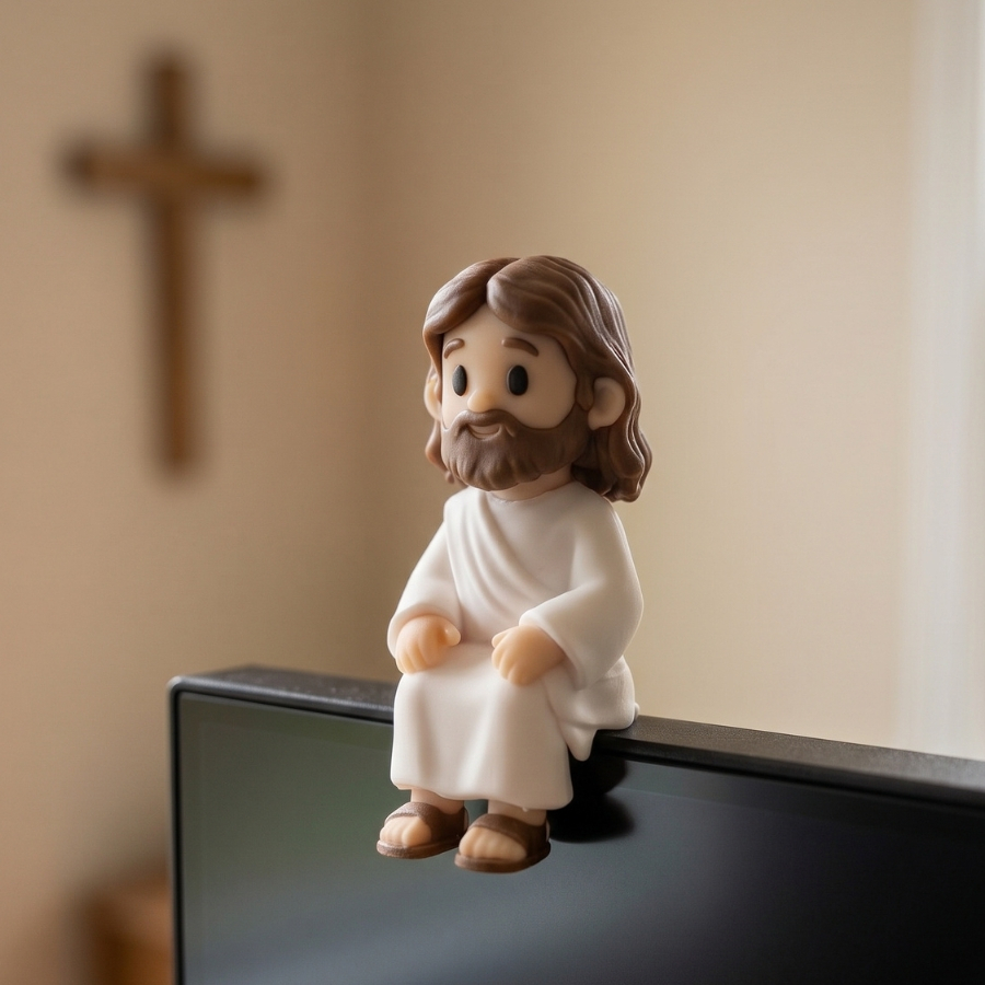 Boneco Jesus Decorativo Sentado Miniatura Cristã para Mesa Estante Escritório e Cantinho de Oração Decoração Casa