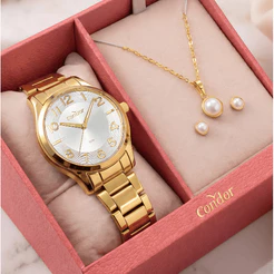 Kit Relógio Condor Feminino Dourado Aço Inoxidável Com Par De Brincos e Colar Delicado Elegante Uso Diário Original