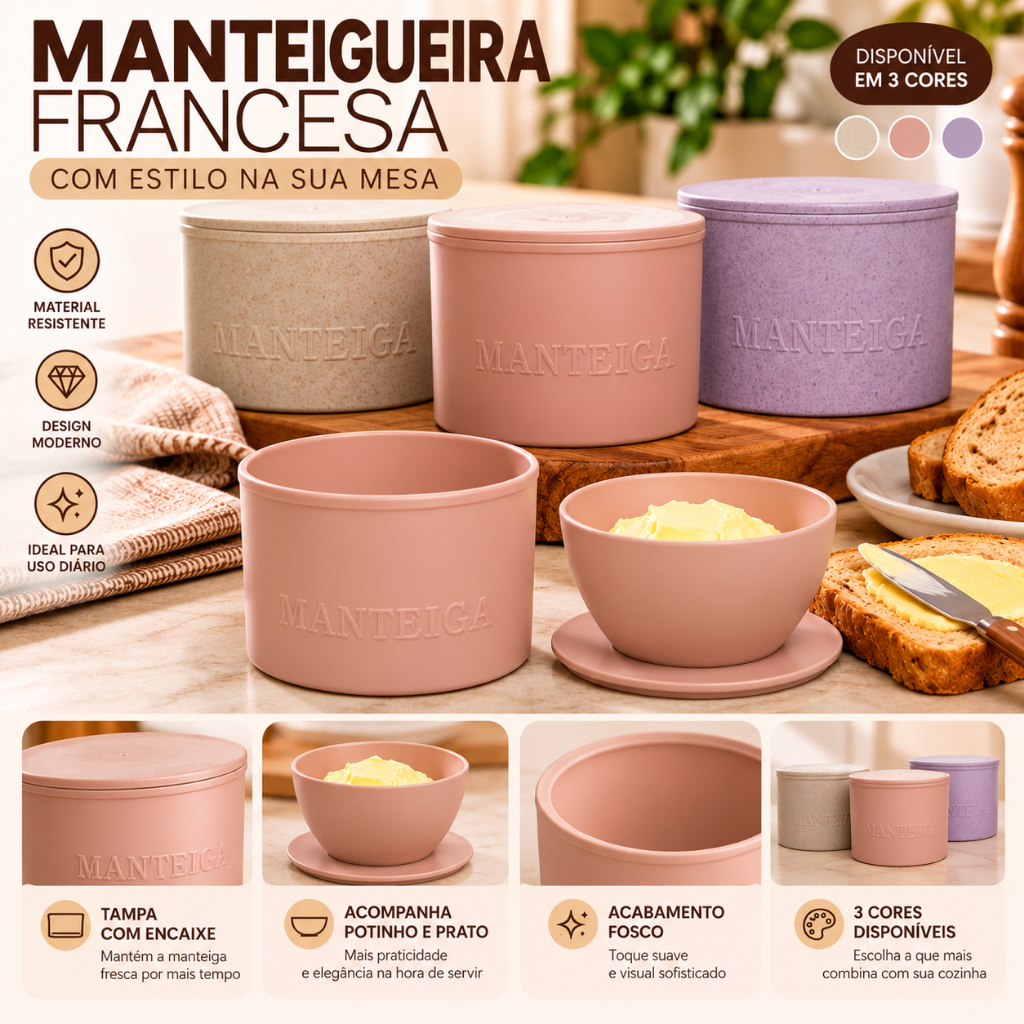 Manteigueira Francesa com Tampa Bambu e PP 10x10x8,5cm Porta Manteiga Elegante para Cozinha