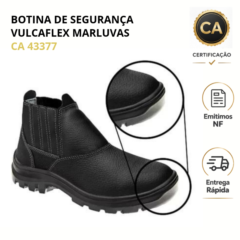 Bota Botina Elastico de Segurança Vulcaflex Marluvas para Pedreiro Obra 10VB48-BP Bico PVC CA 43377