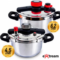 Panela de Pressão Aço Inox Fundo Triplo SecureLock Pro Extream Indução e Gás - 4,5L 6,2L 8L Fechamento Externo