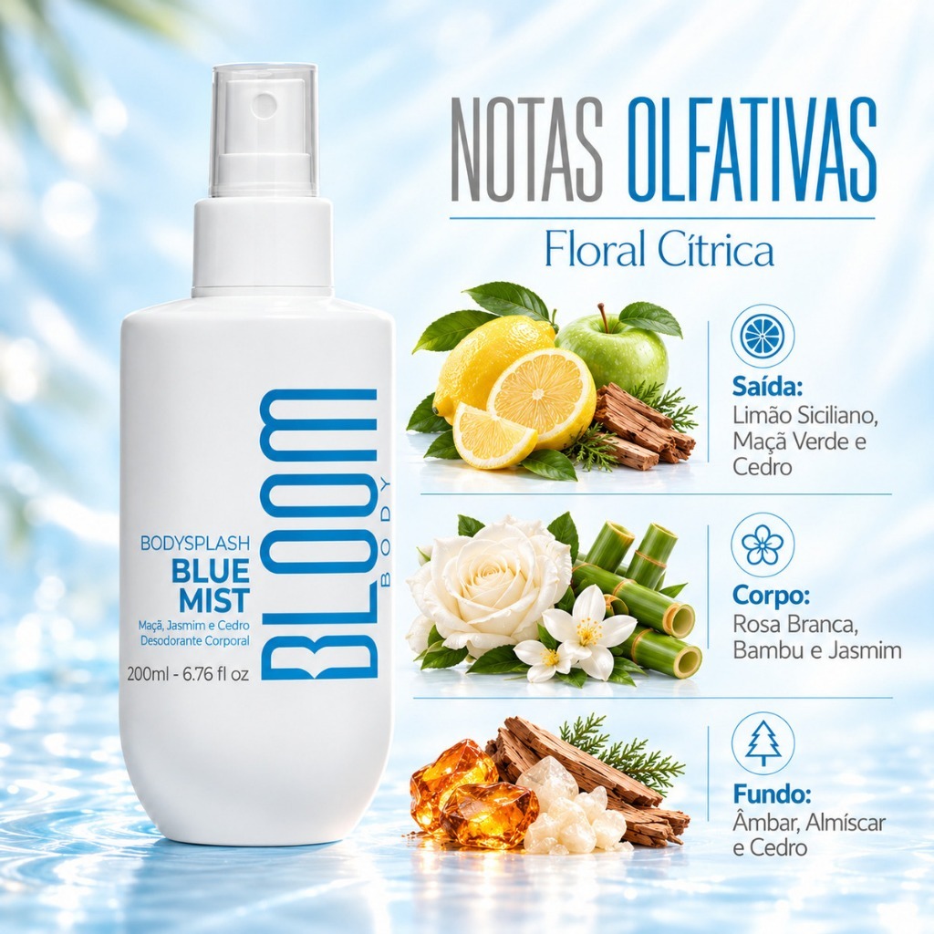 Bloom Body - Body Splash Blue Mist 200 ml - Fragrância Cítrica, Aquática e Floral, Masculino- Diário — imagem 2 de 2