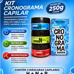 Kit Cronograma Capilar Rhenuks 3 Máscaras Hidratação Nutrição Reconstrução 250g Original Tratamento