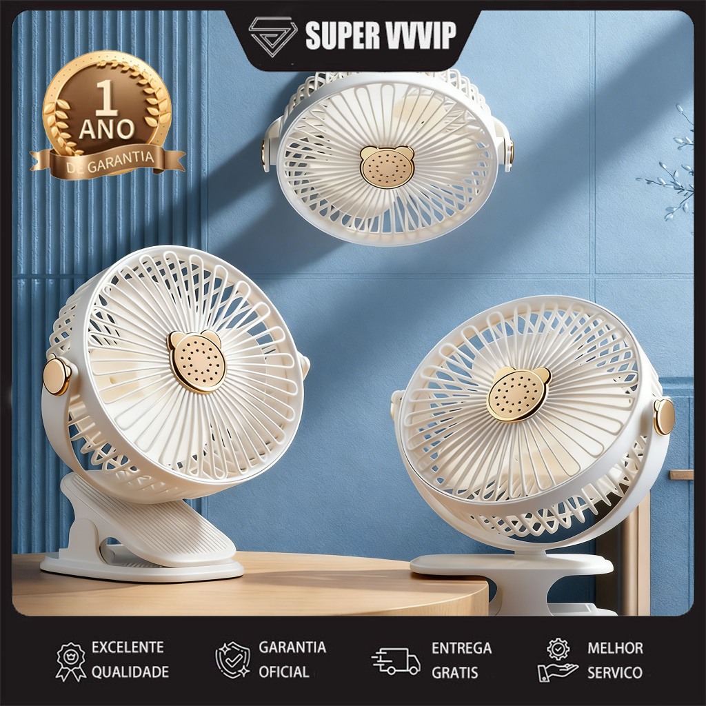 【Brasil Spot Sale】Ventilador Portátil Clip 5 Velocidades Luminária LED USB 720 Rotação Poderoso