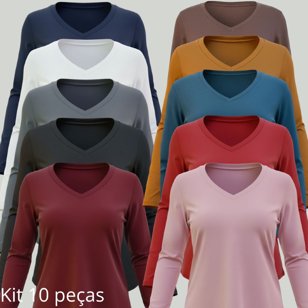 Kit 10 Blusas Femininas Gola V Manda Longa Básica Atacado.