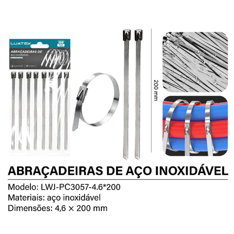 Kit100 Abraçadeira Zip Tie Aço Inox 200/300/400x4,6mm  Termotape Coifa Homocinetica Tubos Cabos