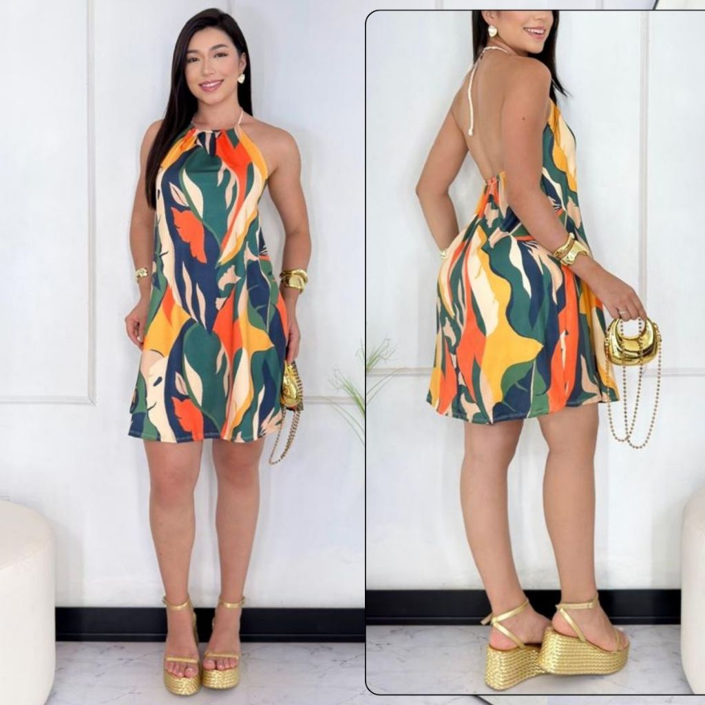 Vestido feminino Curto Malha Fluity Estampado Premium Soltinho Amarração Cordinha Com Bojo Chic Versátil Fresquinho
