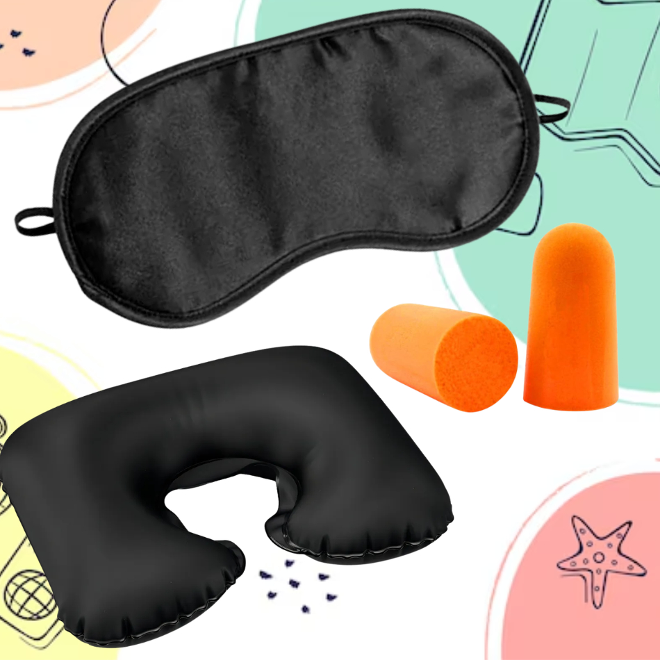 Kit Viagem 1Travesseiro p/ pescoço + 1 Protetor auricular + 1 Máscara para olhos