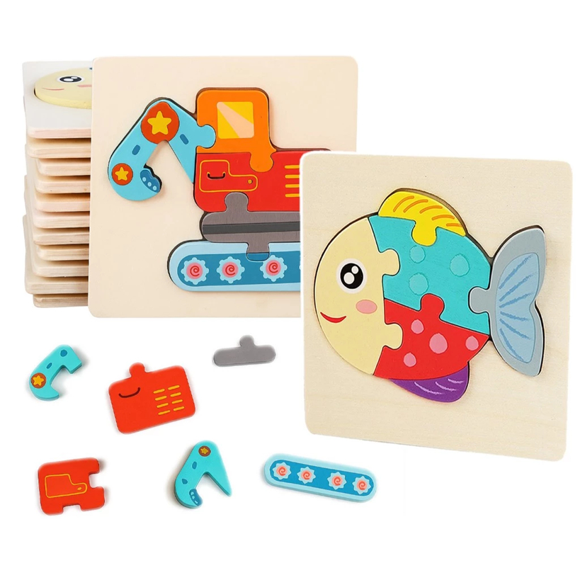 Kit 3 Quebra-Cabeça de Madeira 4D Desenho de Animais ou Veículos