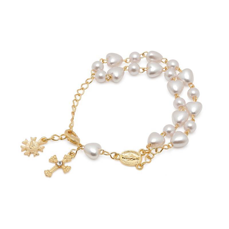 Pulseira Duas Dezenas com Pérolas e Corações — Terço de Pulso Delicado e Devocional