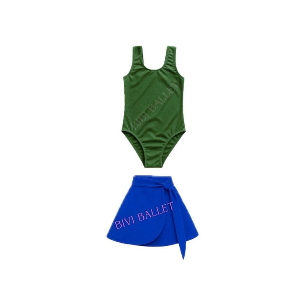 Kit 2 itens Brasil/ Collant Regata VERDE BANDEIRA + Saia Transpassada AZUL ROYAL - INFANTIL