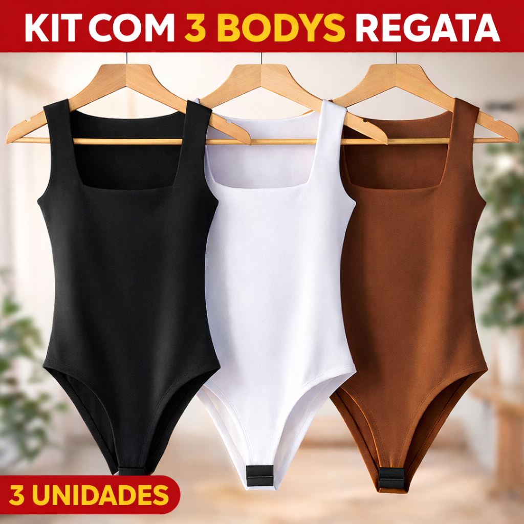 KIT 3 BODY FEMININO REGATA SUPLEX DECOTE QUADRADO FORRO DUPLO em Oferta na Shopee
