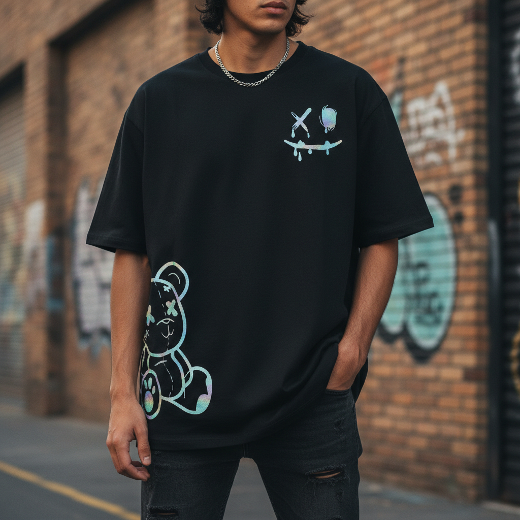 Camiseta Oversized Urso Personalizada Streetwear Algodão Fio 30.1 Camisa Larga Unissex