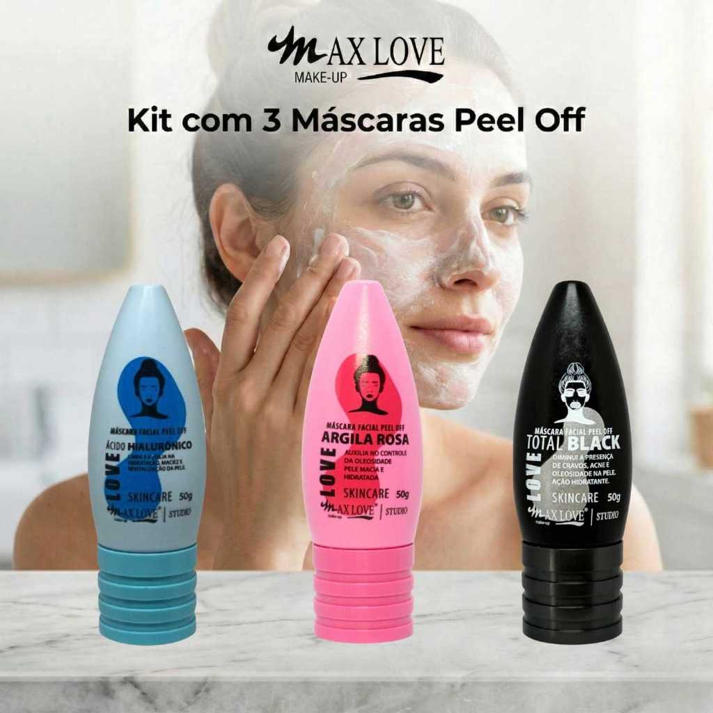 Kit com 3 Máscaras Peel Off - Ácido Hialurônico, Total Black, Argila Rosa Max Love