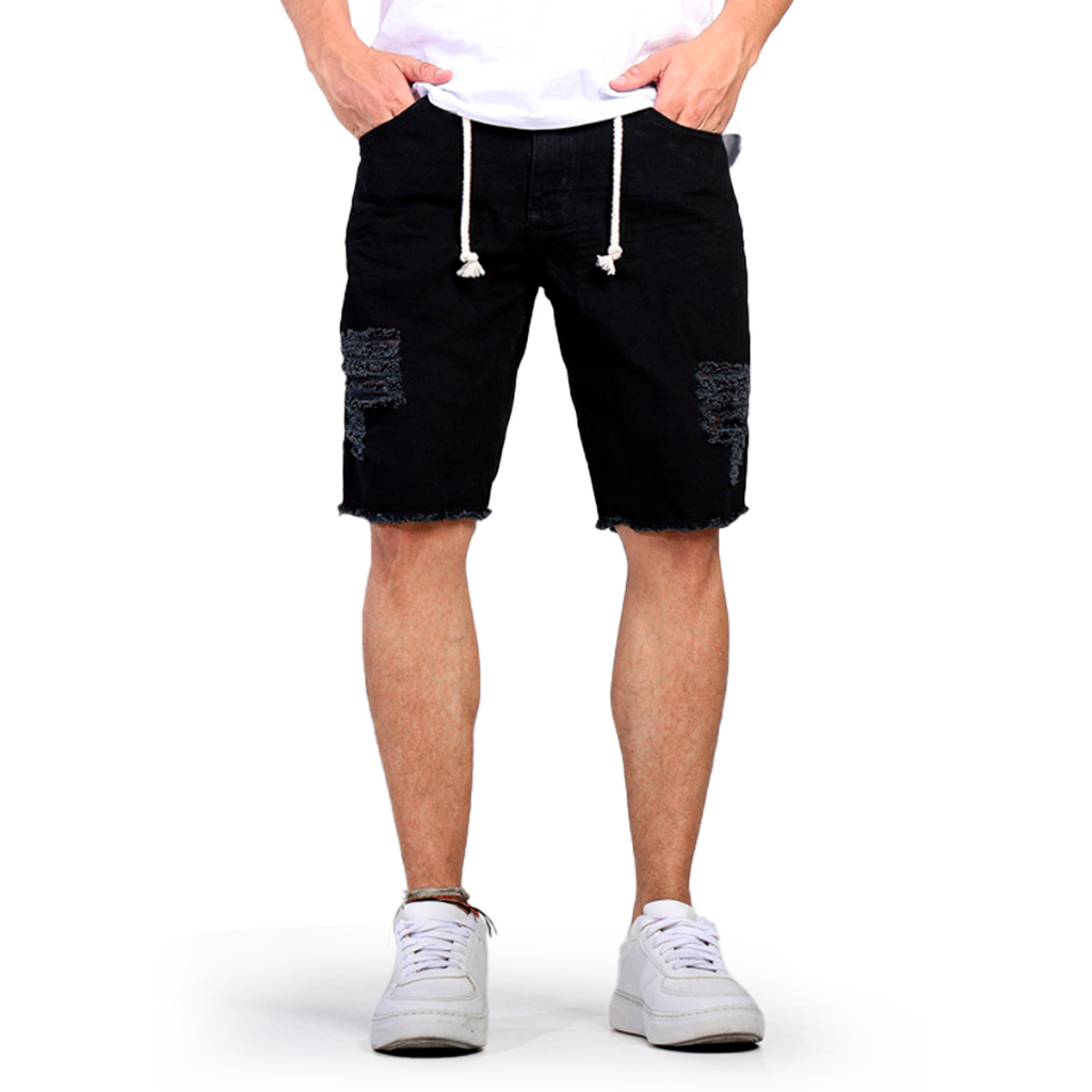 Bermuda Jeans Rasgada Masculina Destroyed Reta Slim Elastano