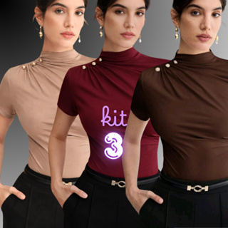 KIT3 blusa feminina manga curta gola alta moderna ESTILOSA elegante suplex blusas confortável gringa em Oferta na Shopee