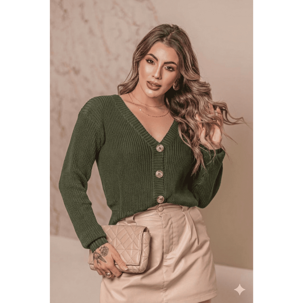 Casaquinho Feminino Fang Botões Decote V Tricot Inverno Casaquinho Feminino Fang Botões Decote V Tricot Inverno