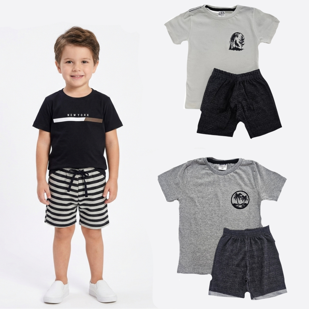 Conjunto Infantil Menino Duas Peças Blusa E Bermuda Masculina Tamanho 04 Ao 12
