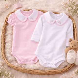 Kit Body Bebê Menina Gola Bordada em Rococó – Manga Longa e Manga Curta – 100% Algodão | RN ao G em Oferta na Shopee