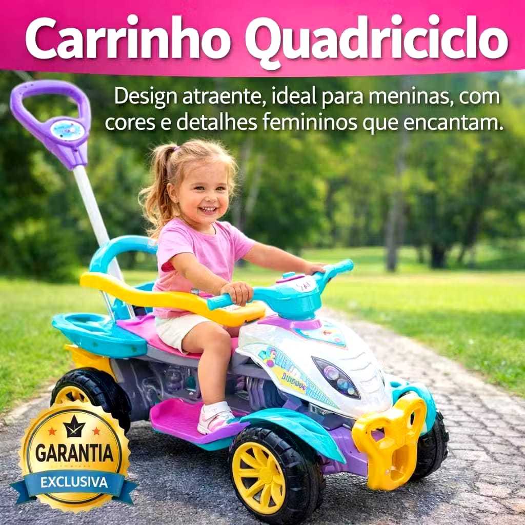 Carrinho Infantil Passeio Quadriciclo Menina Haste Pedal Conforto Seguro Divertido