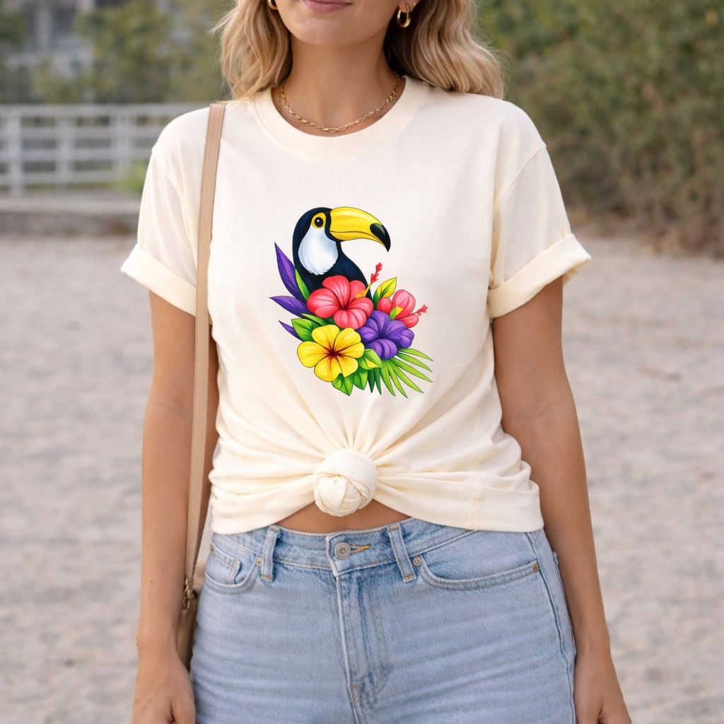 Camiseta Unissex Tucano Floral Estampada Camiseta Verão Casual Tumblr Aesthetic Confortável