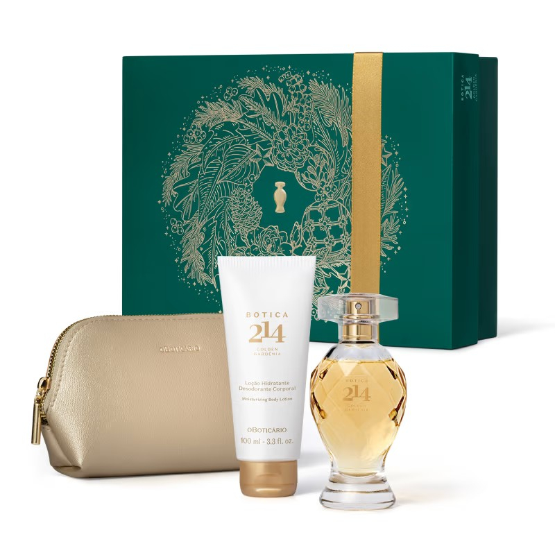 OBoticário Botica 214 Golden Gardênia Kit Presente Natal Feminino com Eau De Parfum Loção Corporal e Nécessaire Dourado
