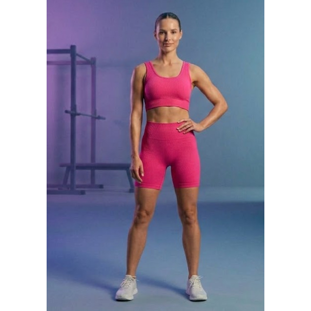 Conjunto Feminino Academia Short Fitness E Top Canelado 3D Premium Ginástica Treino Corrida Yoga