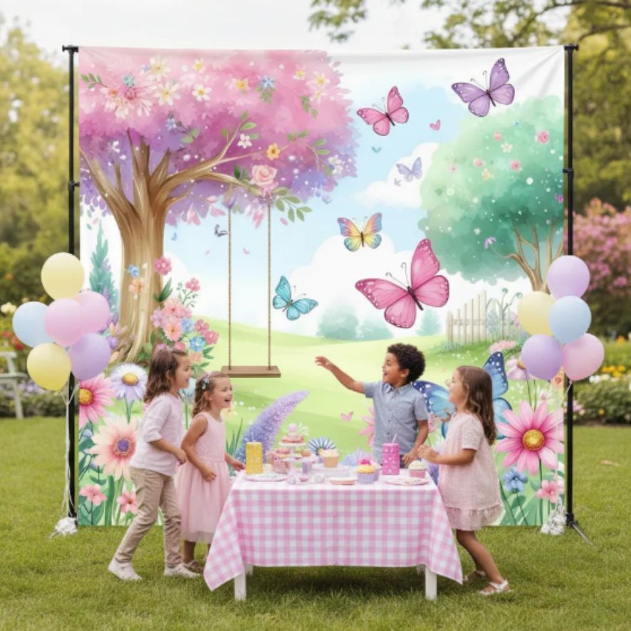 Painel de Festa Infantil Antirreflexo 2x2m Decoração Jardim Encantado/Flores/Borboletas/arco íris/balanço