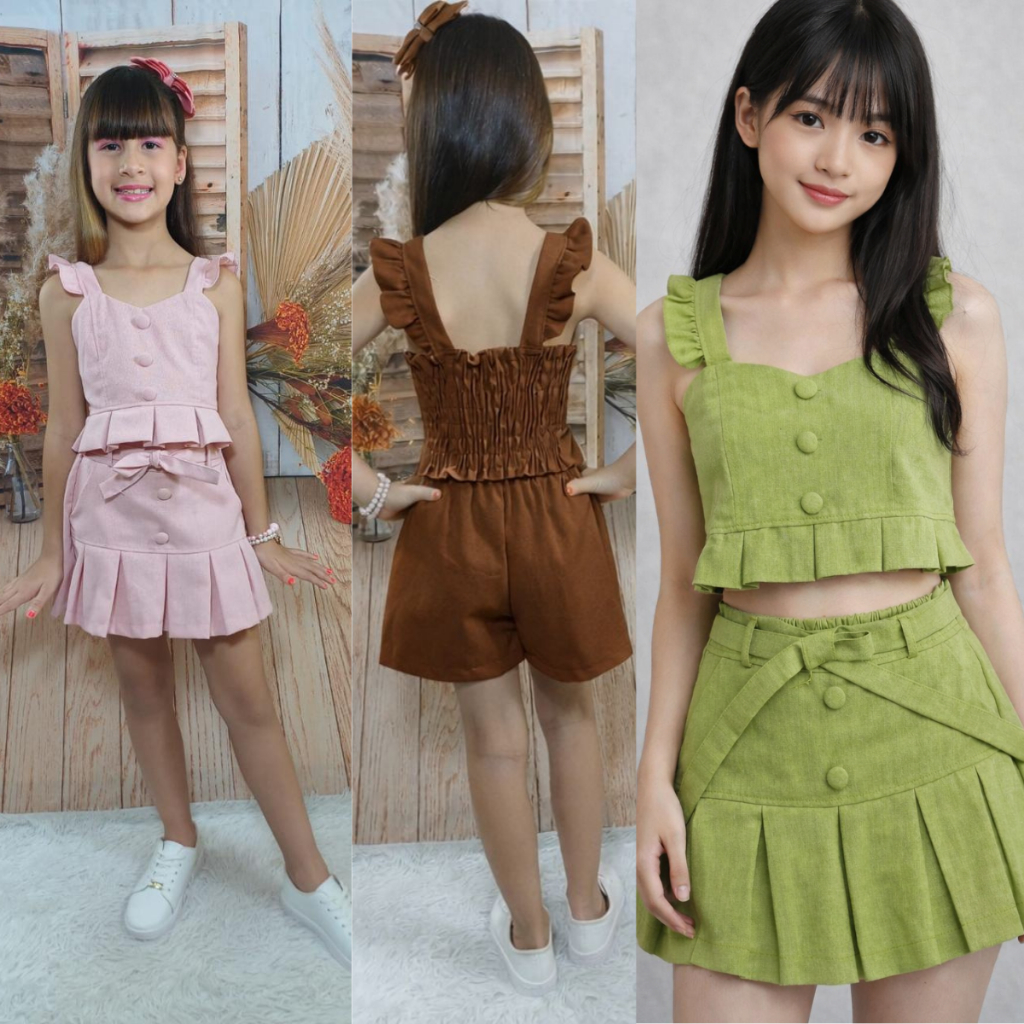 Conjunto Infantil Juvenil Cropped e Short Saia  em Tecido Linho Blogueirinha - TAMANHO 6 a 16