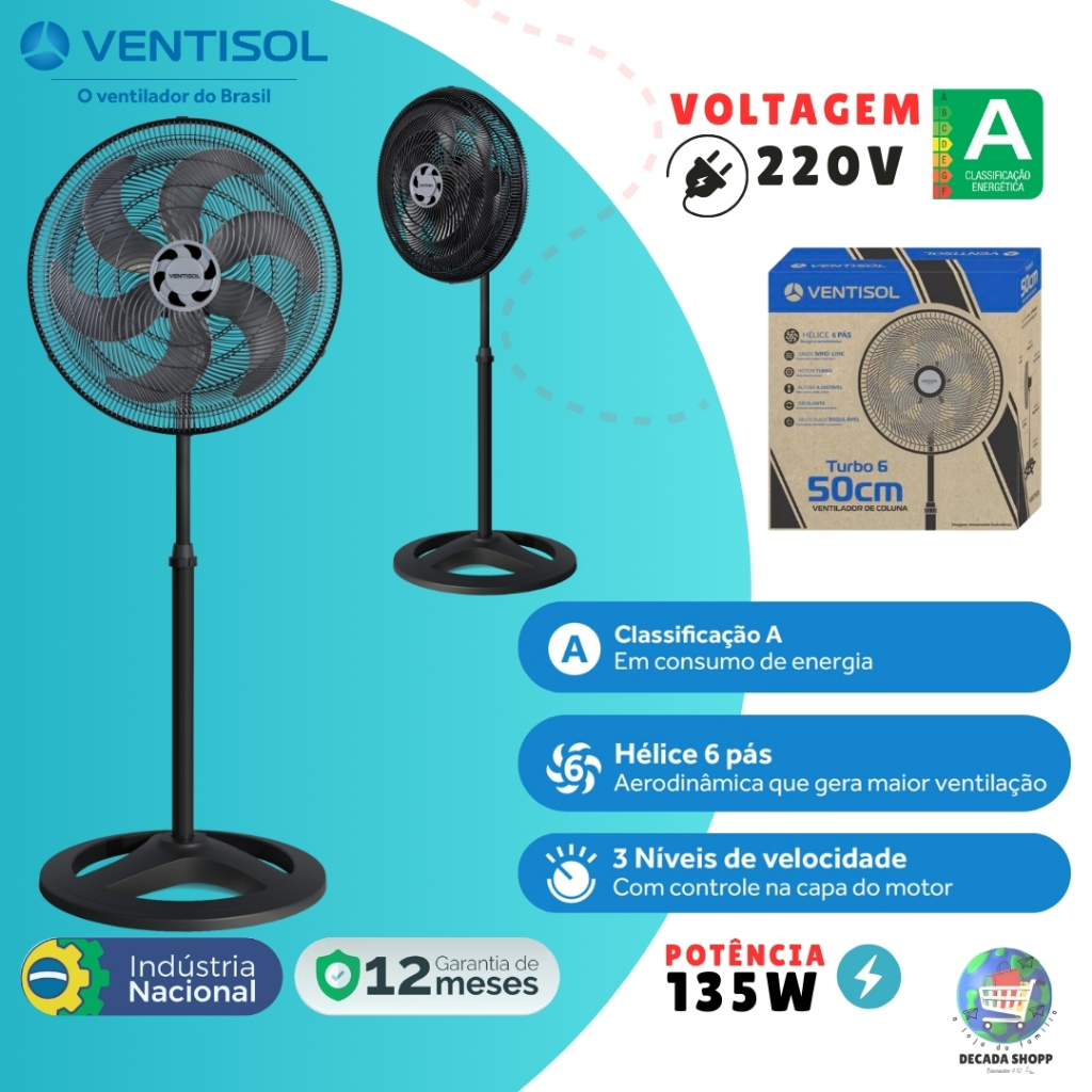 Ventilador Coluna Pedestal Ventisol 50cm 40cm 220V Potente e Silencioso com Alta Vazão 3 Velocidades