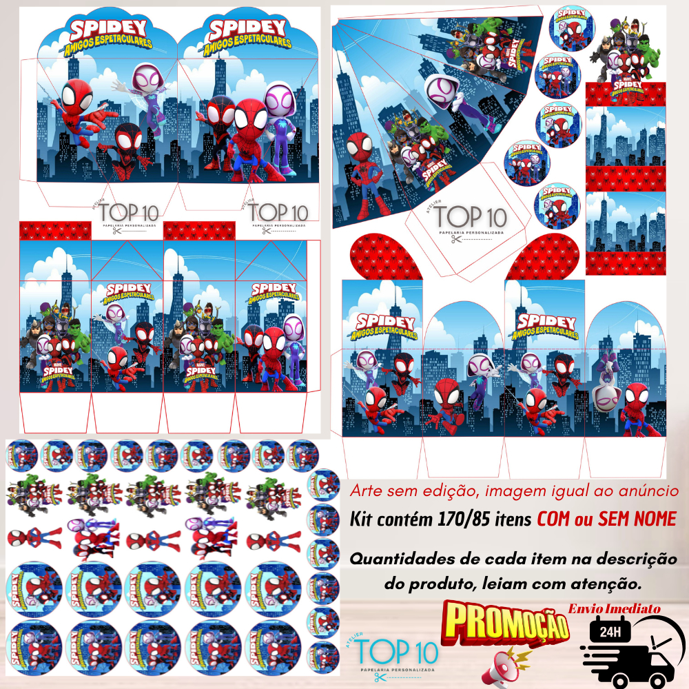 Kit de Lembrancinhas Personalizadas com 170/85 itens TEMA: HOMEM ARANHA E SEUS AMIGOS - Envio rápido
