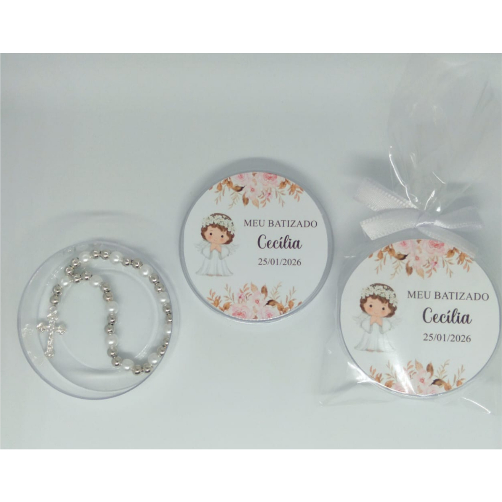 Lembrancinha Latinha com Mini Terço Batizado Menina Kit com 10 unidades