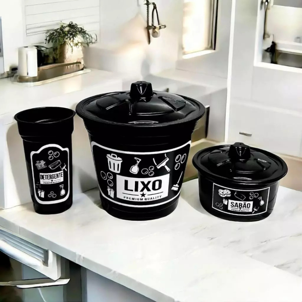 Kit Organizador De Pia 3 Peças Lixeira 3L Porta Detergente em Oferta na Shopee